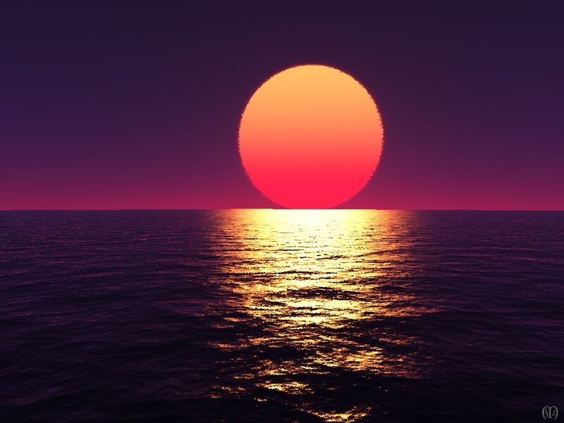 Sun Setting over Ocean — Purple, Dramatic, Sunset, Digital Art, Sky