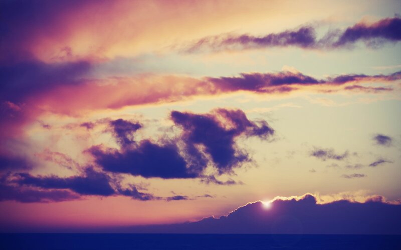 Sun Setting over Ocean — Purple, Dramatic, Sunset, Photograph, Clouds, Pink