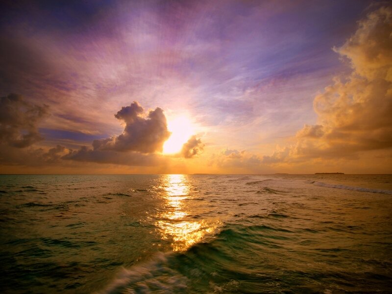 Sun Setting over Ocean — Purple, Dramatic, Sunset, Photograph, Clouds, Sea