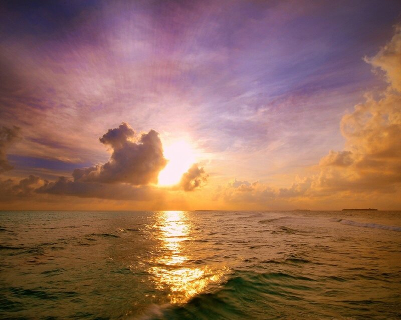 Sun Setting over Ocean — Purple, Serene, Sunset, Photograph, Clouds, Sea, Sky