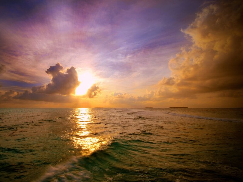 Sun Setting over Ocean — Purple, Serene, Sunset, Photograph, Clouds, Sea