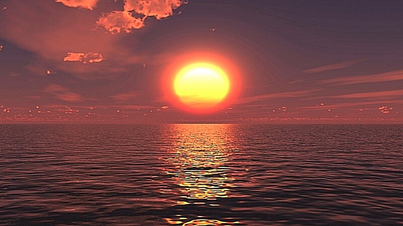 Sun Setting over Ocean — Red, Dramatic, Sunset, Digital Art, Clouds, Orange, Purple