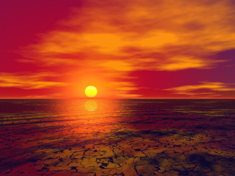 Sun Setting over Ocean — Red, Dramatic, Sunset, Digital Art, Clouds, Orange, Yellow
