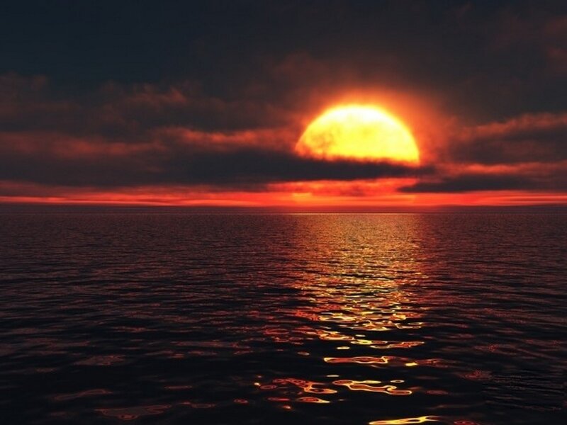 Sun Setting over Ocean — Red, Dramatic, Sunset, Digital Art, Clouds, Sea