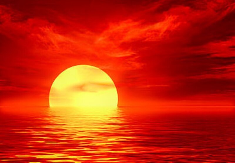 Sun Setting over Ocean — Red, Dramatic, Sunset, Digital Art, Sky, Clouds