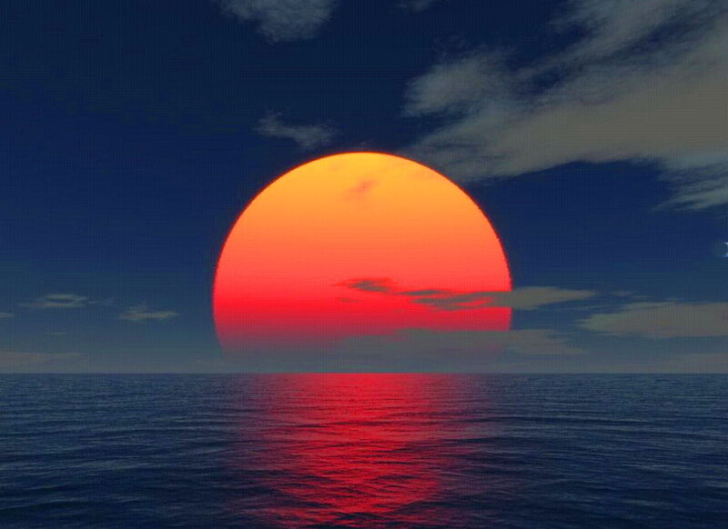 Sun Setting over Ocean — Red, Dramatic, Sunset, Digital Art, Sky