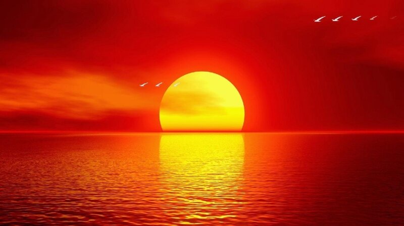 Sun Setting over Ocean — Red, Dramatic, Sunset, Digital Art