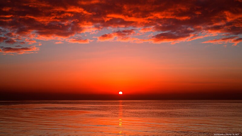 Sun Setting over Ocean — Red, Dramatic, Sunset, Photograph, Clouds, Orange