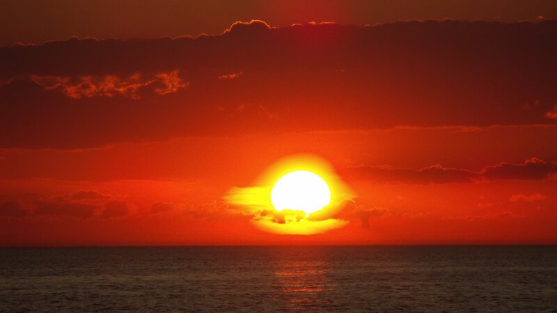 Sun Setting over Ocean — Red, Dramatic, Sunset, Photograph, Clouds, Orange, Yellow
