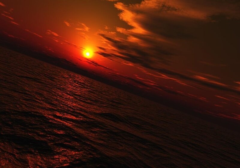 Sun Setting over Ocean — Red, Dramatic, Sunset, Photograph, Clouds