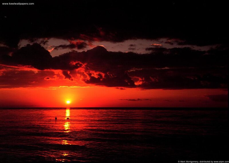 Sun Setting over Ocean — Red, Dramatic, Sunset, Photograph, Clouds, Water