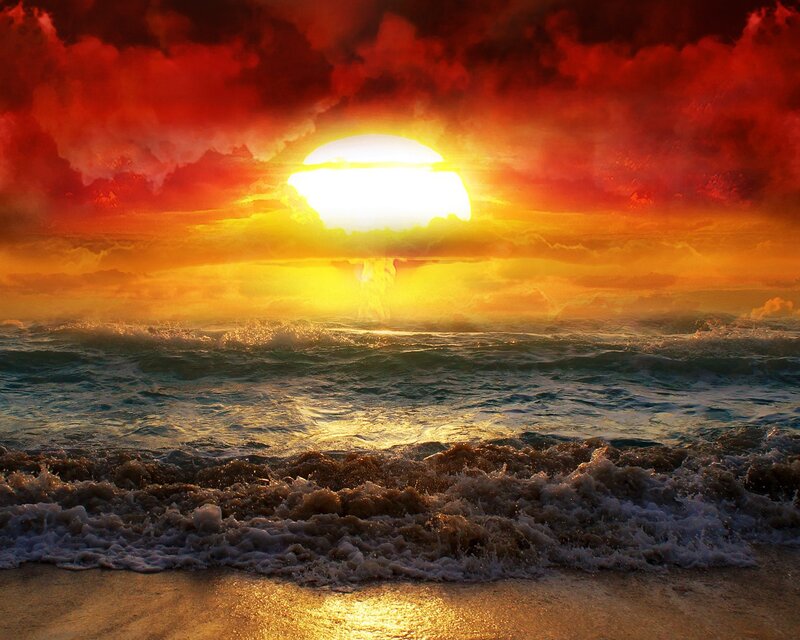 Sun Setting over Ocean — Red, Dramatic, Sunset, Photograph, Clouds, Waves