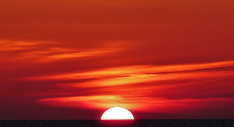 Sun Setting over Ocean — Red, Dramatic, Sunset, Photograph, Sky, Orange, Black
