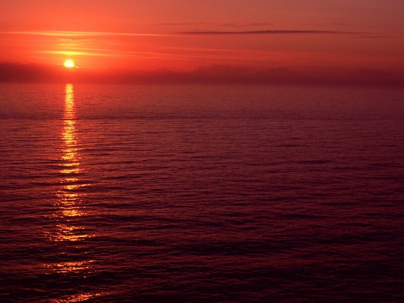 Sun Setting over Ocean — Red, Dramatic, Sunset, Photograph, Sky, Orange, Dark Red