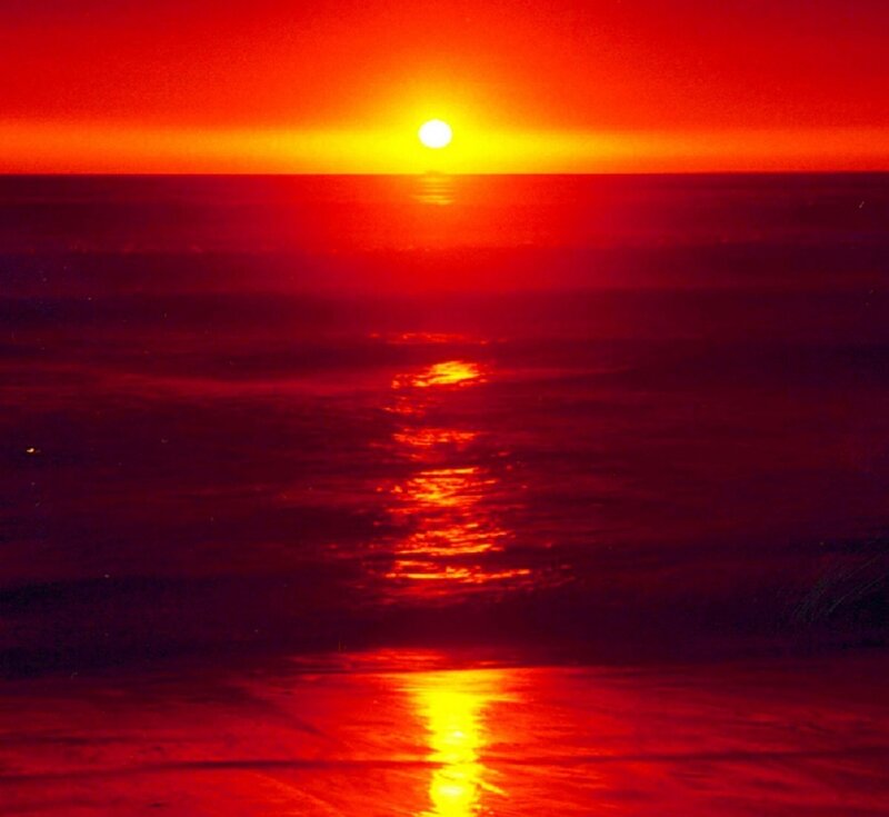Sun Setting over Ocean — Red, Dramatic, Sunset, Photograph, Sky