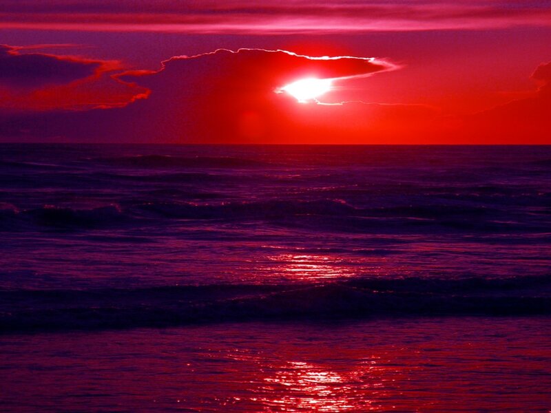 Sun Setting over Ocean — Red, Dramatic, Sunset, Photograph