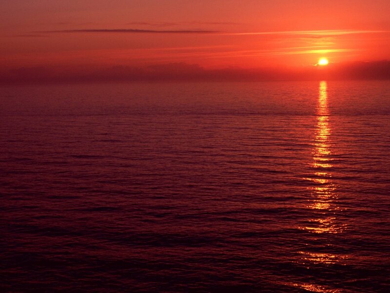 Sun Setting over Ocean — Red, Serene, Sunset, Photograph, Sky