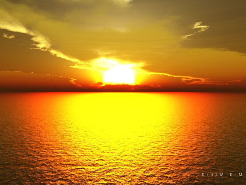 Sun Setting over Ocean — Yellow, Dramatic, Sunset, Digital Art, Clouds, Orange
