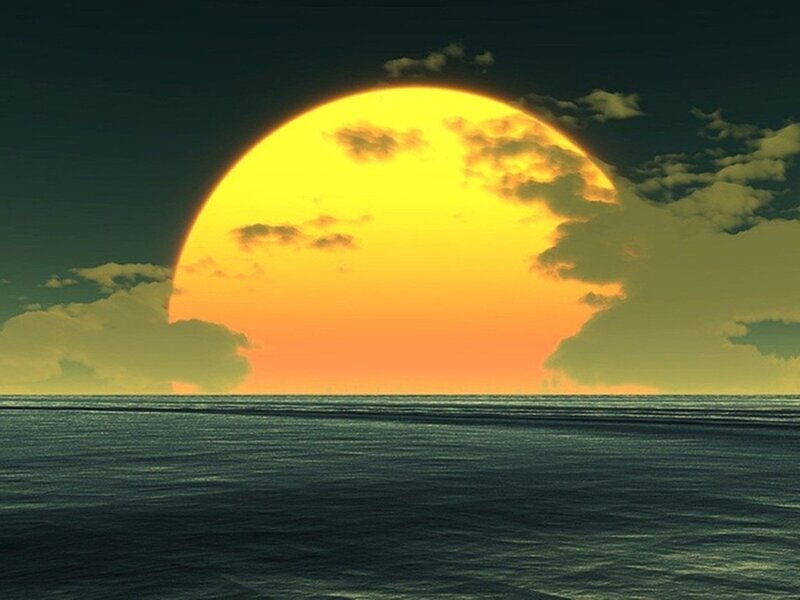 Sun Setting over Ocean — Yellow, Dramatic, Sunset, Digital Art, Clouds
