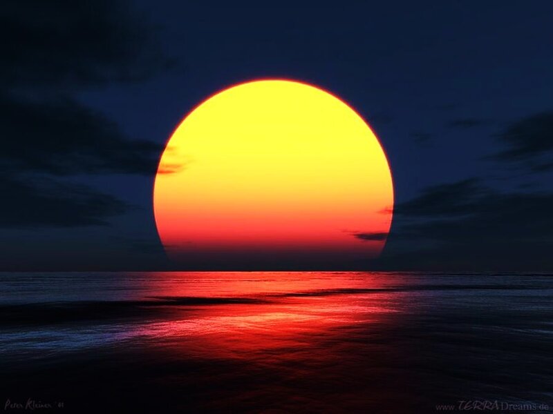 Sun Setting over Ocean — Yellow, Dramatic, Sunset, Digital Art, Sky, Clouds, Red
