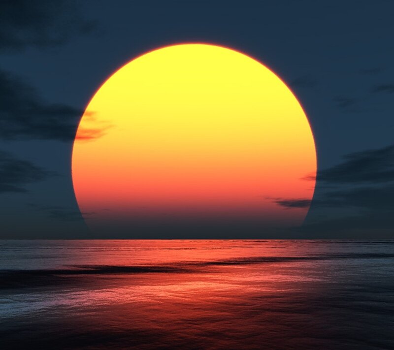 Sun Setting over Ocean — Yellow, Dramatic, Sunset, Digital Art, Sky, Clouds