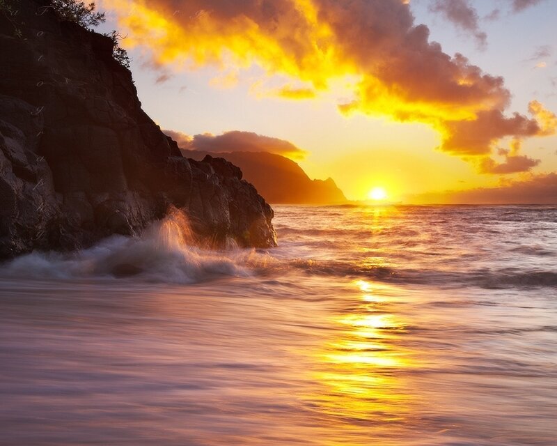 Sun Setting over Ocean — Yellow, Dramatic, Sunset, Photograph, Cliff
