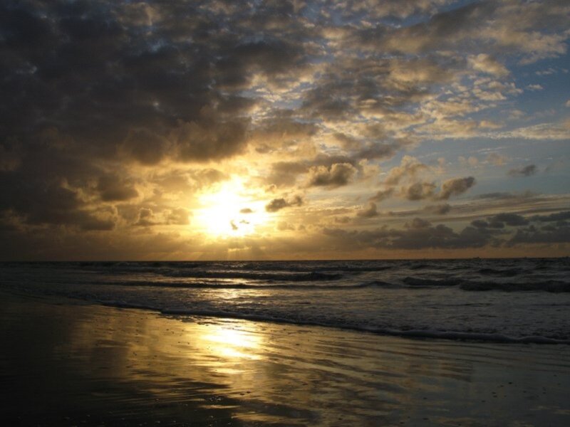 Sun Setting over Ocean — Yellow, Dramatic, Sunset, Photograph, Clouds, Beach