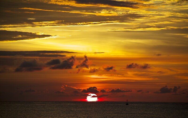 Sun Setting over Ocean — Yellow, Dramatic, Sunset, Photograph, Clouds, Buoy