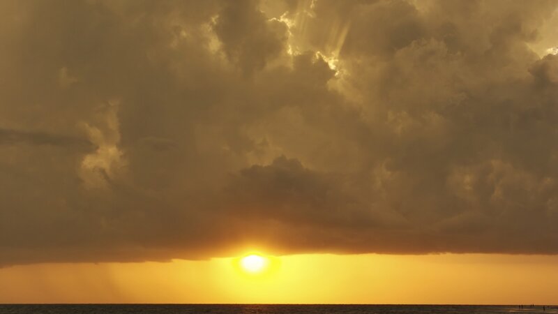 Sun Setting over Ocean — Yellow, Dramatic, Sunset, Photograph, Clouds, Orange, Gray
