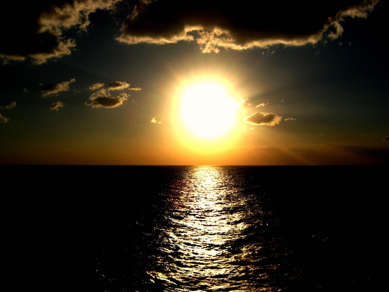Sun Setting over Ocean — Yellow, Dramatic, Sunset, Photograph, Clouds, Sea
