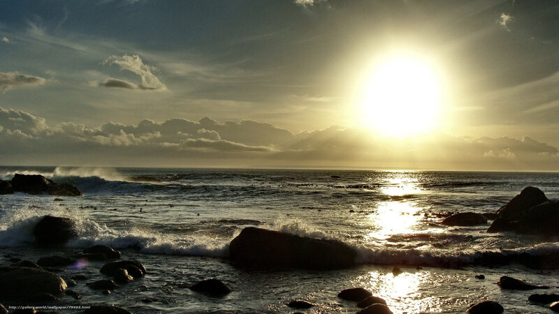 Sun Setting over Ocean — Yellow, Dramatic, Sunset, Photograph, Rocks, Waves