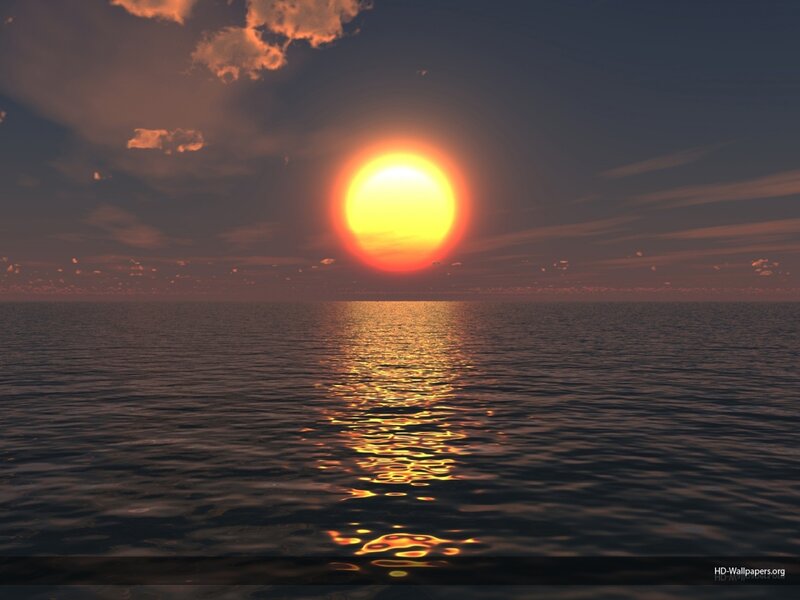 Sun Setting over Ocean — Yellow, Serene, Sunset, Digital Art, Clouds, Orange
