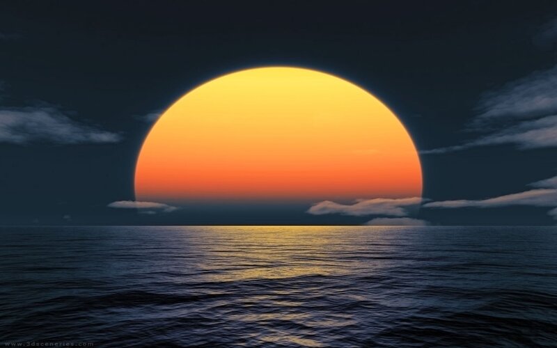 Sun Setting over Ocean — Yellow, Serene, Sunset, Digital Art, Clouds, Sky