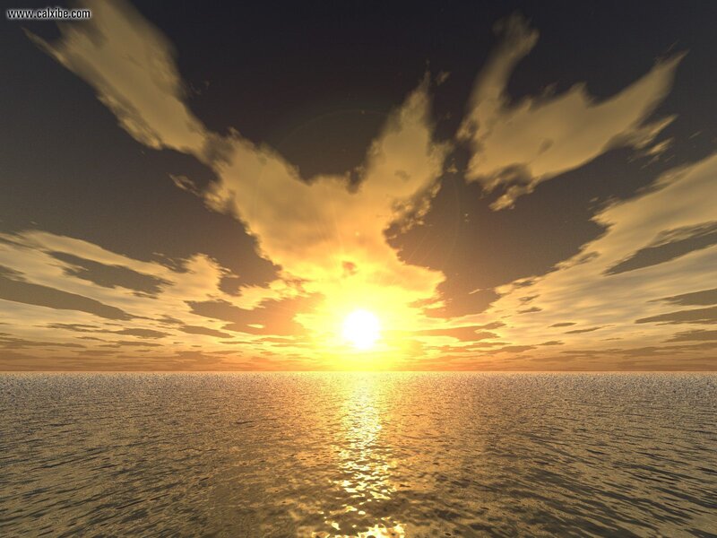 Sun Setting over Ocean — Yellow, Serene, Sunset, Digital Art, Clouds