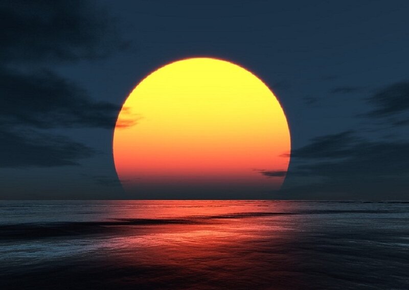 Sun Setting over Ocean — Yellow, Serene, Sunset, Digital Art, Sky, Clouds