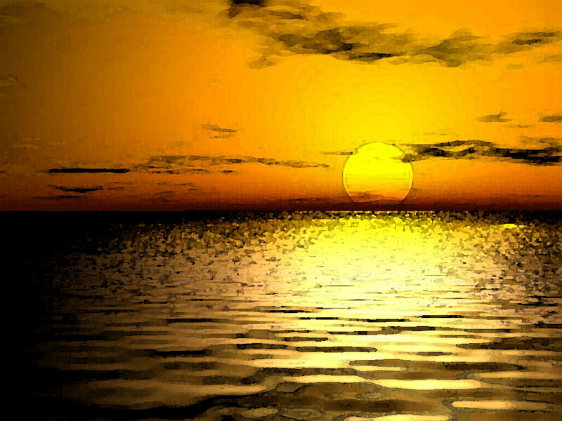Sun Setting over Ocean — Yellow, Serene, Sunset, Digital Art