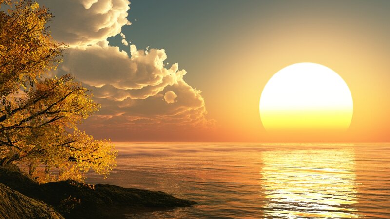 Sun Setting over Ocean — Yellow, Serene, Sunset, Digital Art, Tree, Clouds
