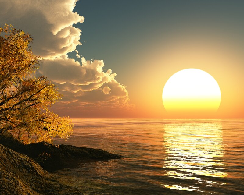 Sun Setting over Ocean — Yellow, Serene, Sunset, Digital Art, Tree