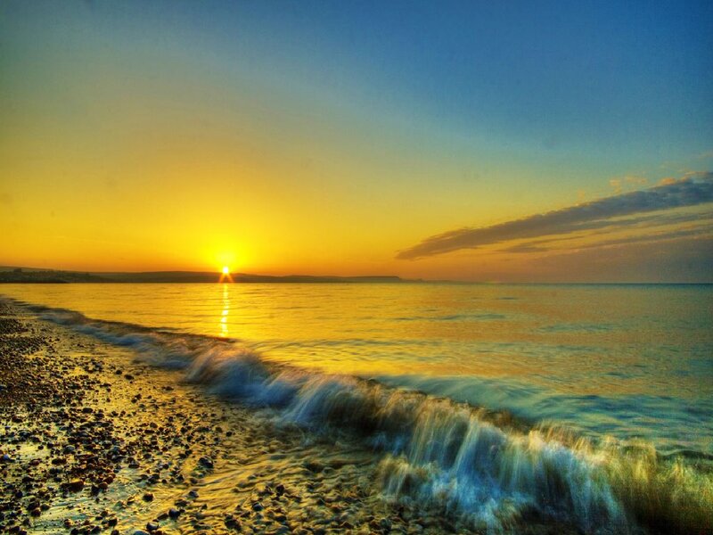 Sun Setting over Ocean — Yellow, Serene, Sunset, Photograph, Beach