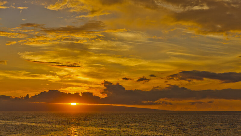 Sun Setting over Ocean — Yellow, Serene, Sunset, Photograph, Clouds, Island