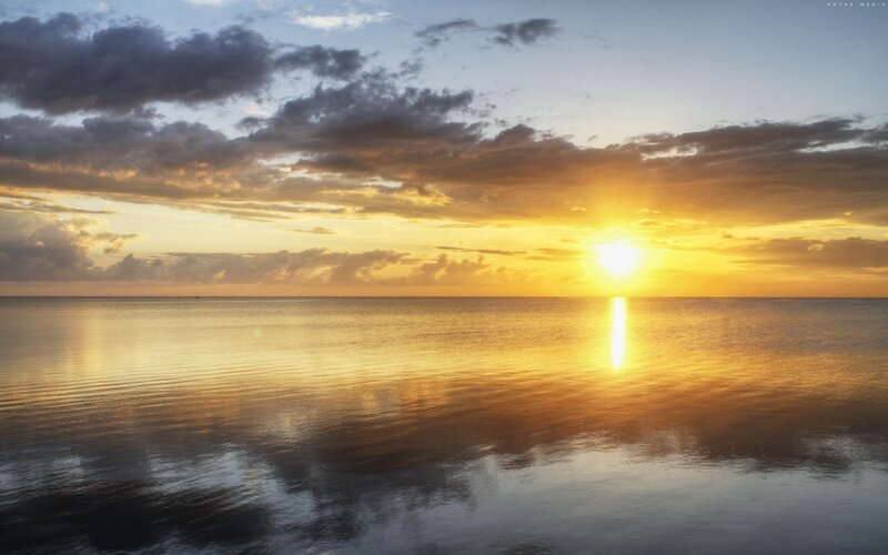 Sun Setting over Ocean — Yellow, Serene, Sunset, Photograph, Clouds