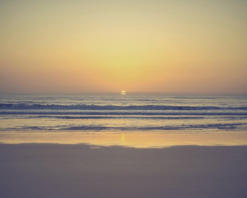 Sun Setting over Ocean — Yellow, Serene, Sunset, Photograph, Sand, Sky