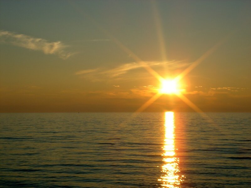Sun Setting over Ocean — Yellow, Serene, Sunset, Photograph, Sky, Orange, Blue