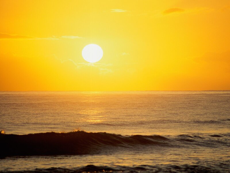 Sun Setting over Ocean — Yellow, Serene, Sunset, Photograph, Wave, Orange