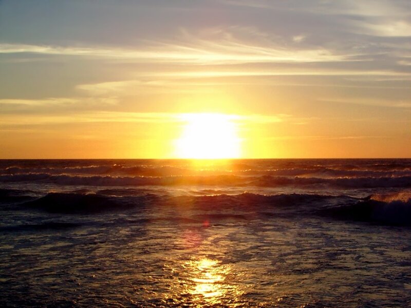 Sun Setting over Ocean — Yellow, Serene, Sunset, Photograph, Waves, Sky, Clouds