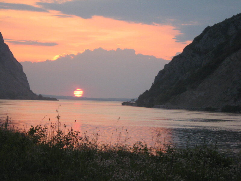 Sun Setting over River — Orange, Serene, Sunset, Photograph, Mountains