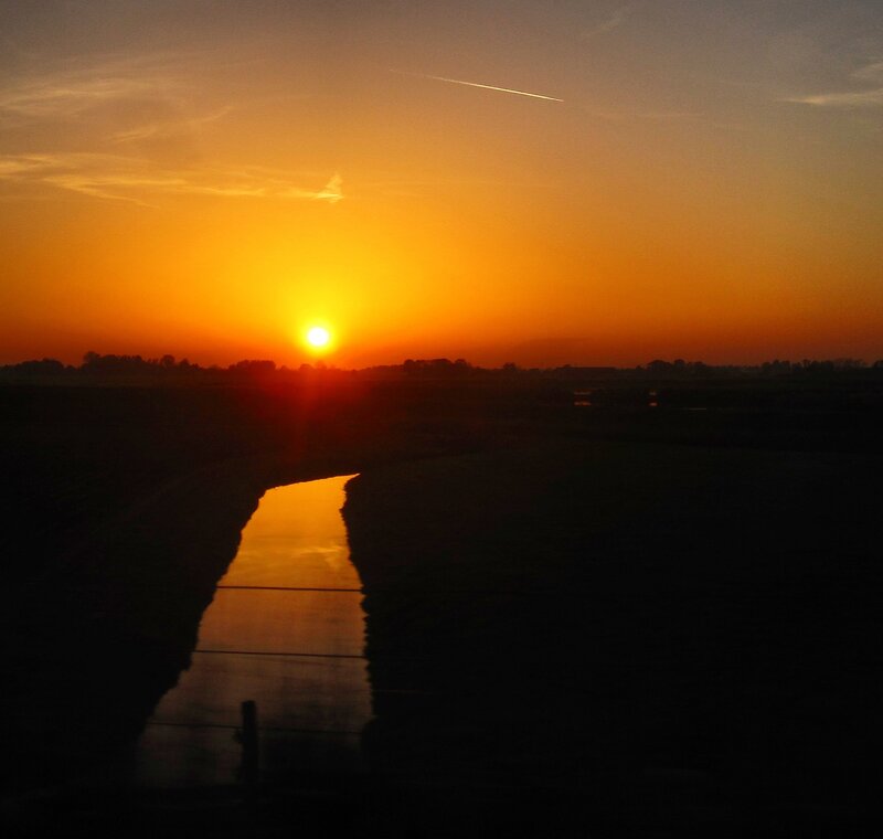 Sun Setting over River — Orange, Serene, Sunset, Photograph, Sky, Trees