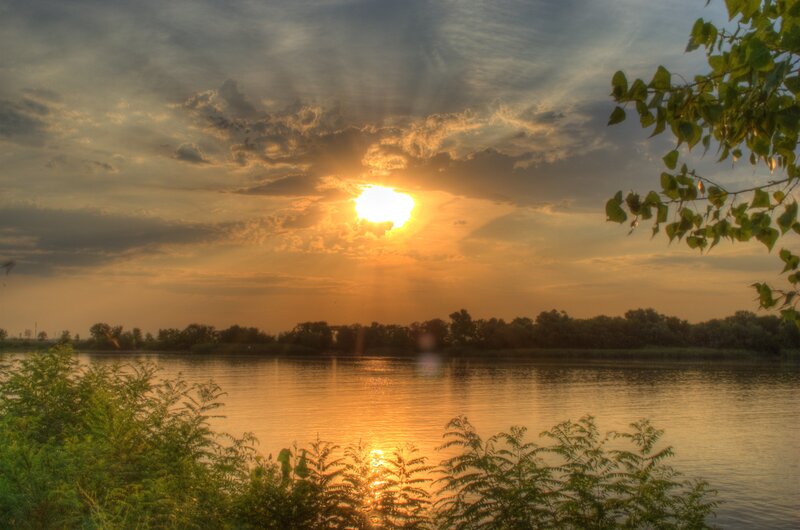 Sun Setting over River — Orange, Serene, Sunset, Photograph