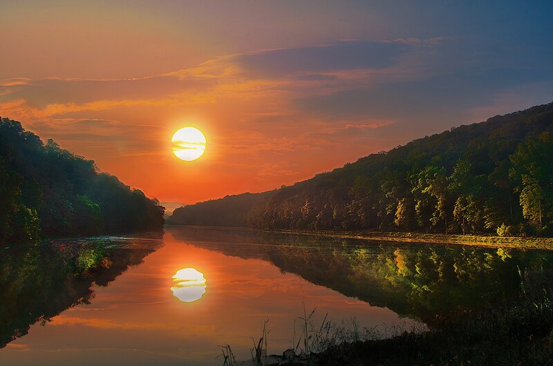 Sun Setting over River — Orange, Serene, Sunset, Photograph, Trees