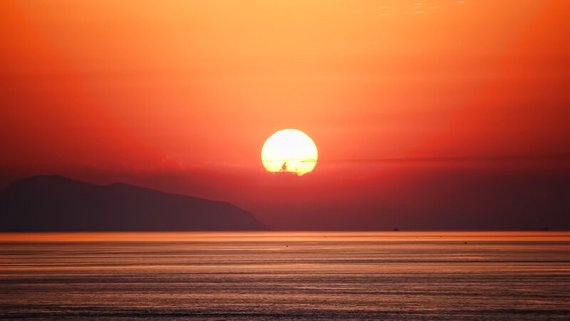 Sun Setting over Sea — Orange, Serene, Sunset, Photograph